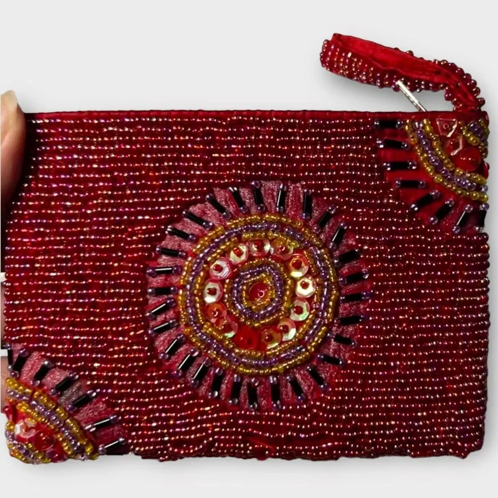 Unbranded Beaded Red Zip Top Satin Inside Clutch Purse Change Purse